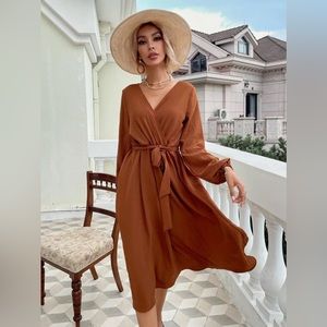 Surplice Neck Belted Lantern Sleeve Dress